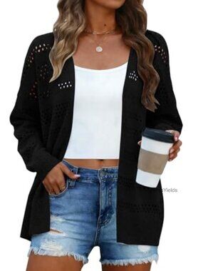 Crochet Cardigan Lightweight Thin Long Sleeve Open Front Kimono Sweater